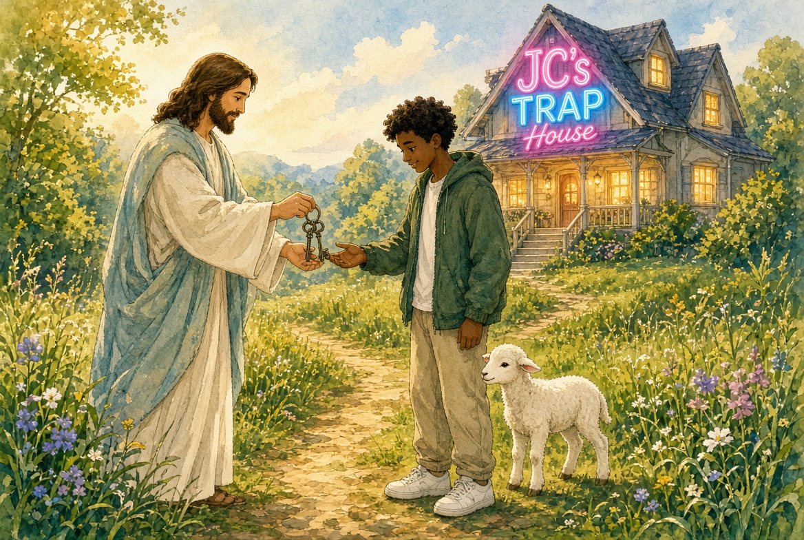 Jesus hands the keys to a young man outside JC's TRAP House