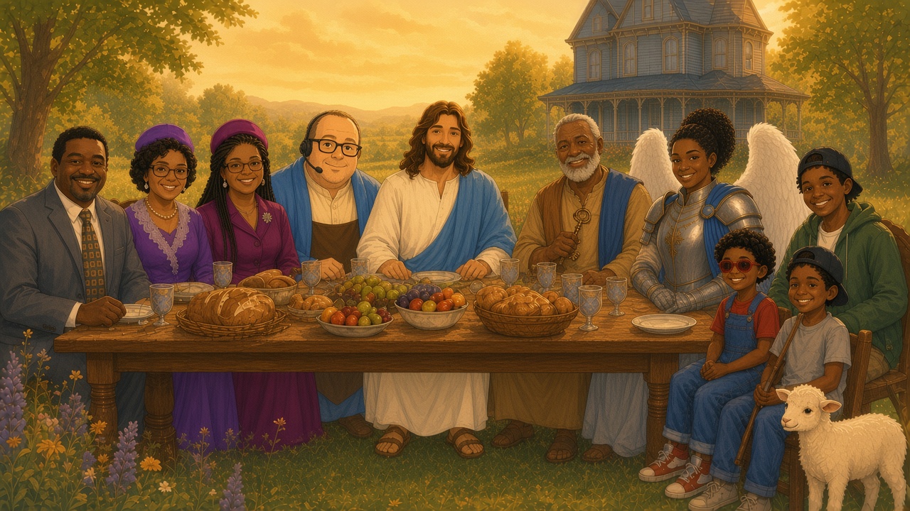 Jesus at the feast table with the cast of JC's TRAP House